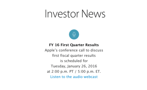 Apple、2016年第1四半期（2015年9月末〜12月末）の決算発表を1月26日(火)に実施と発表！