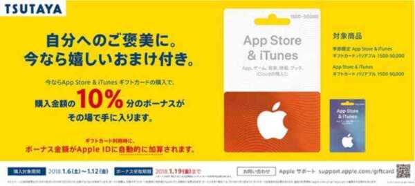 TSUTAYA、「10％分のボーナスがもらえる！App Store＆iTunesギフトカードバリアブルキャンペーン」を実施（1/12まで）