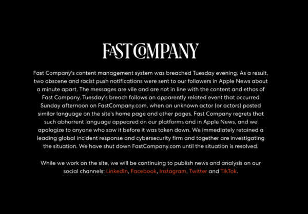 米メディア「Fast Company」のサイトが、ハッキングされ「わいせつな」Apple Newsの通知を送信。対策としてWebサイトを閉鎖